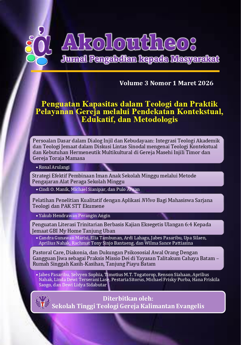 					Lihat Vol 3 No 1 (2026): Penguatan Kapasitas dalam Teologi dan Praktik Pelayanan Gereja melalui Pendekatan Kontekstual, Edukatif, dan Metodologis
				
